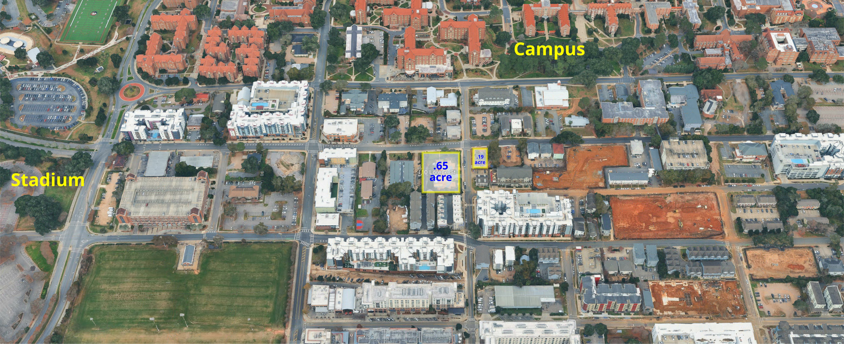 Aerial view labeling the .65-acre new lot, .19-acre current lot, FSU campus, and stadium