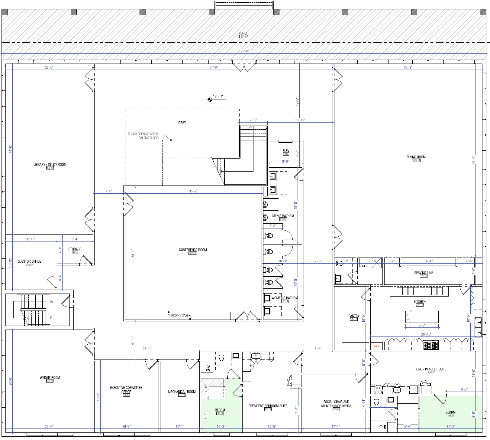 Ground floor plan with kitchen, library, conference room, and Consul Suite
