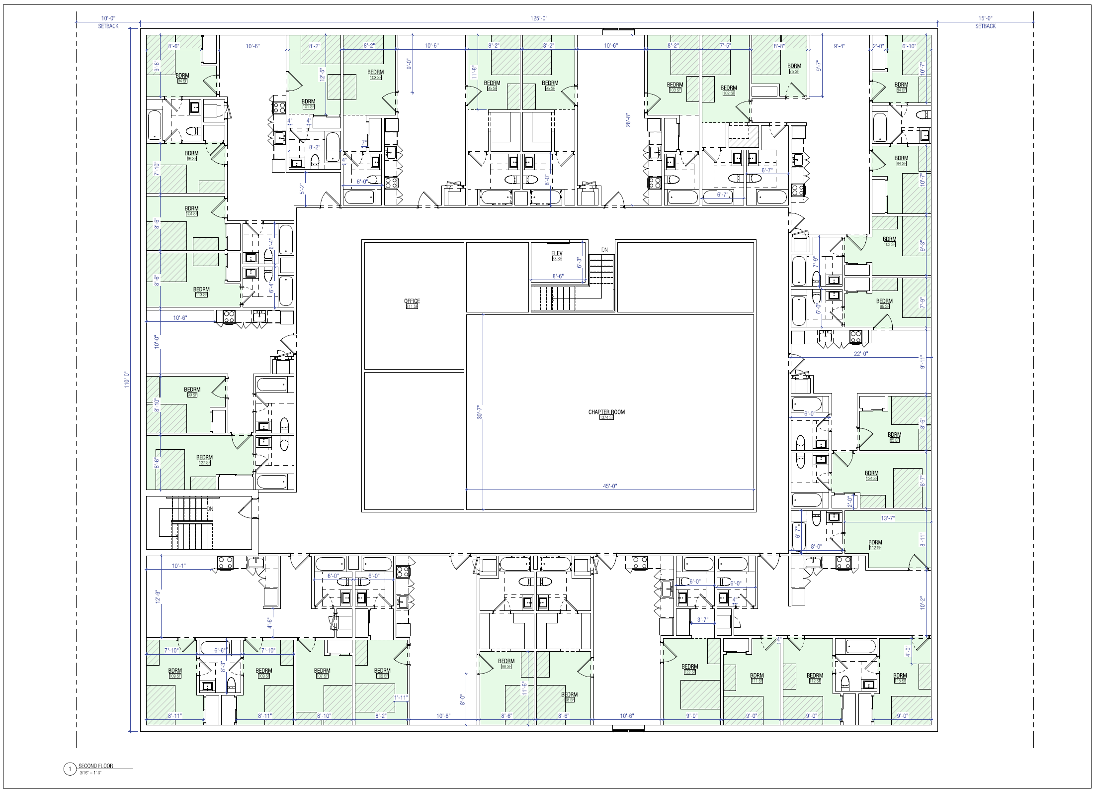Upper floor plan showing the 4x4 bedroom pods around a central courtyard
