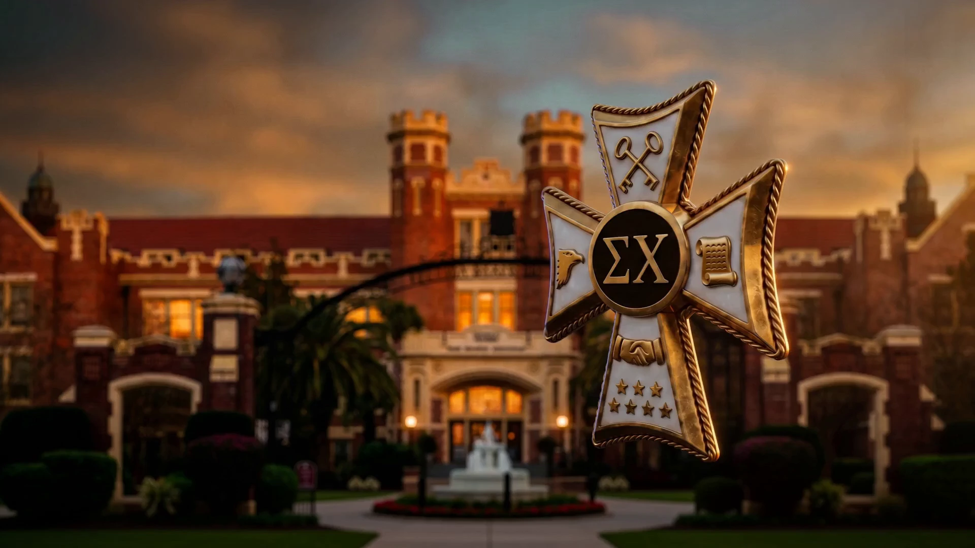 Sigma Chi cross above the Westcott Building at golden hour