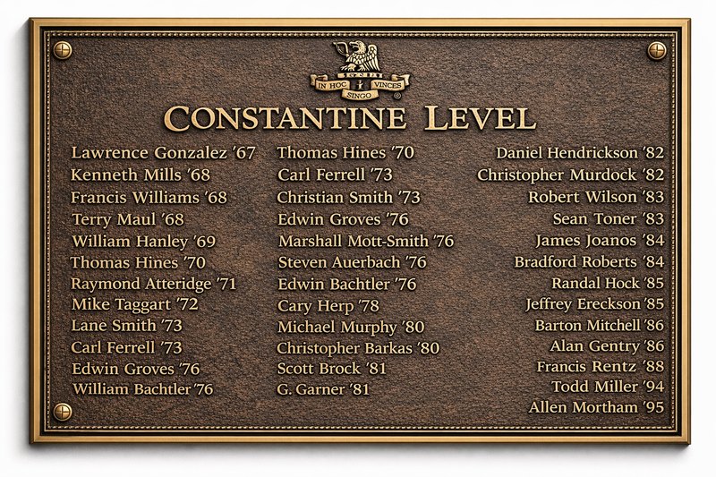 Constantine Level master plaque listing every $100K+ donor