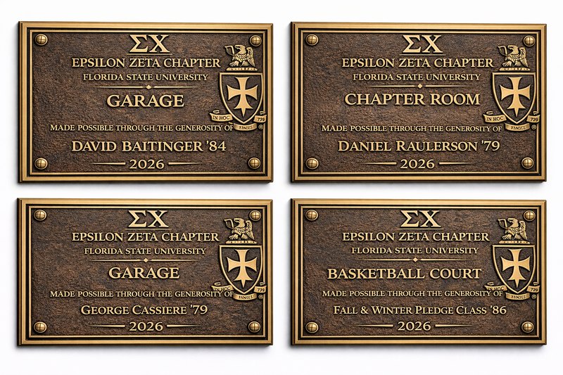 Bronze dedication plaques engraved with Epsilon Zeta chapter crest